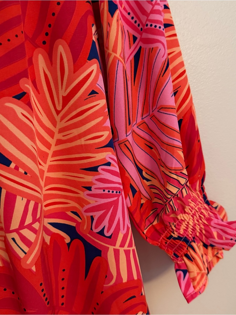 Michelle McDowell Tropical Palm Print Ruffle Shift Dress Pink Orange Medium - Picture 5 of 10